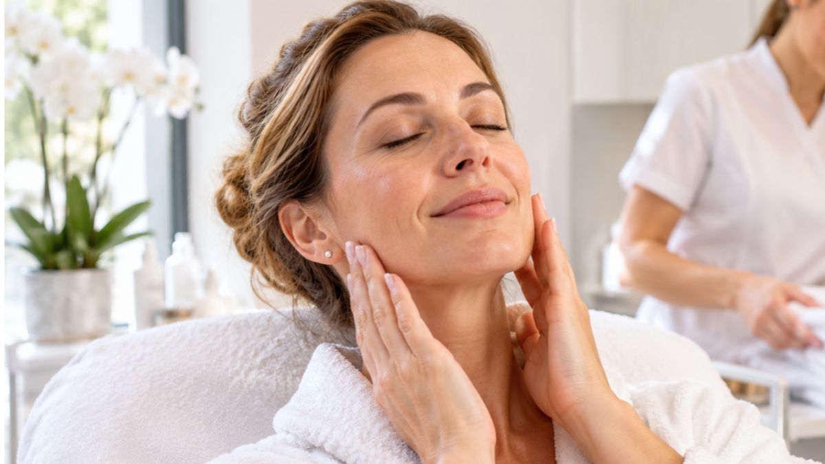 Arckezelés utáni bőrápolás – Individual Beauty Szolnok Kozmetikai arckezelés után pihenő nő világos szépségszalonban, természetes arcbőrrel.